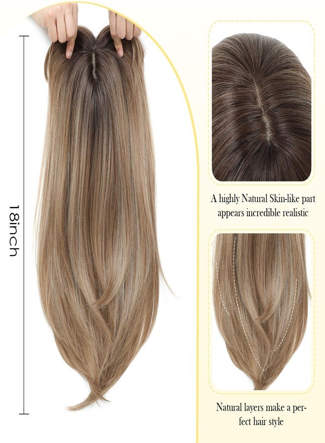 PANEWAY Hair Topper With Bangs Straight 18inch Toppers 6.5“ ×6.5” Base Premium Synthetic Hair Pieces For Women-Light Brown with Dark Root - Image 2